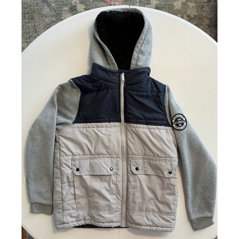 Rocawear Mens Hybrid Puffer Jacket Sherpa Hooded Navy Grey Large Y2K Streetwear